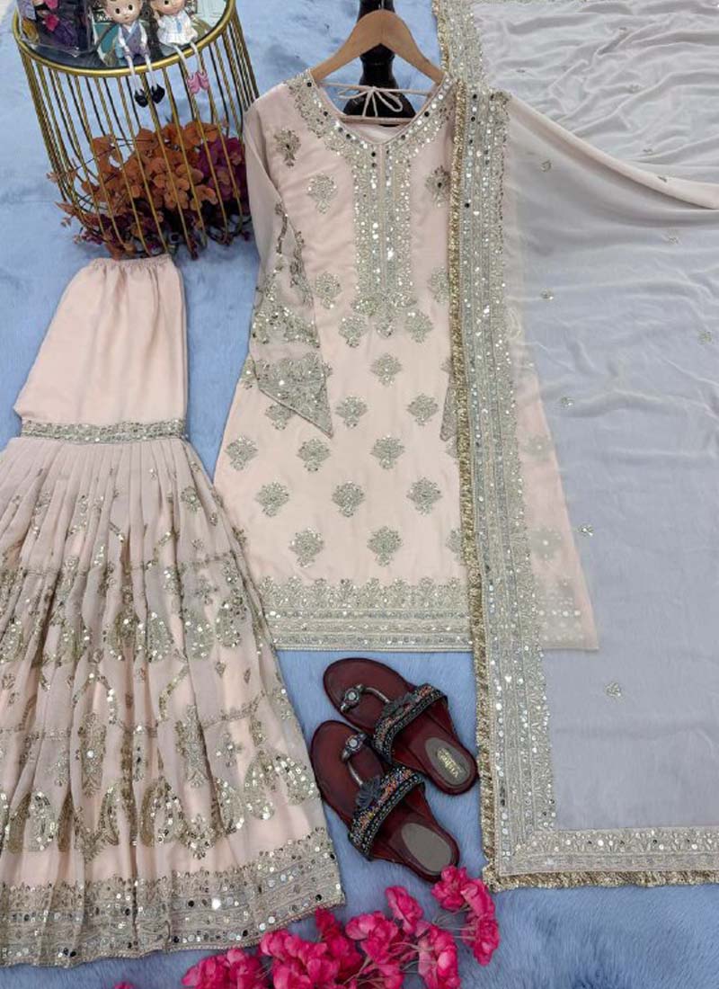 Prazu Fashion Light Peach Faux Georgette Embroidered Sharara Suit
