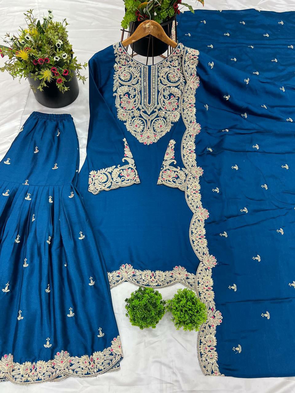 Royal Blue Chinon Silk Embroidered Palazzo Suit with Dori Work