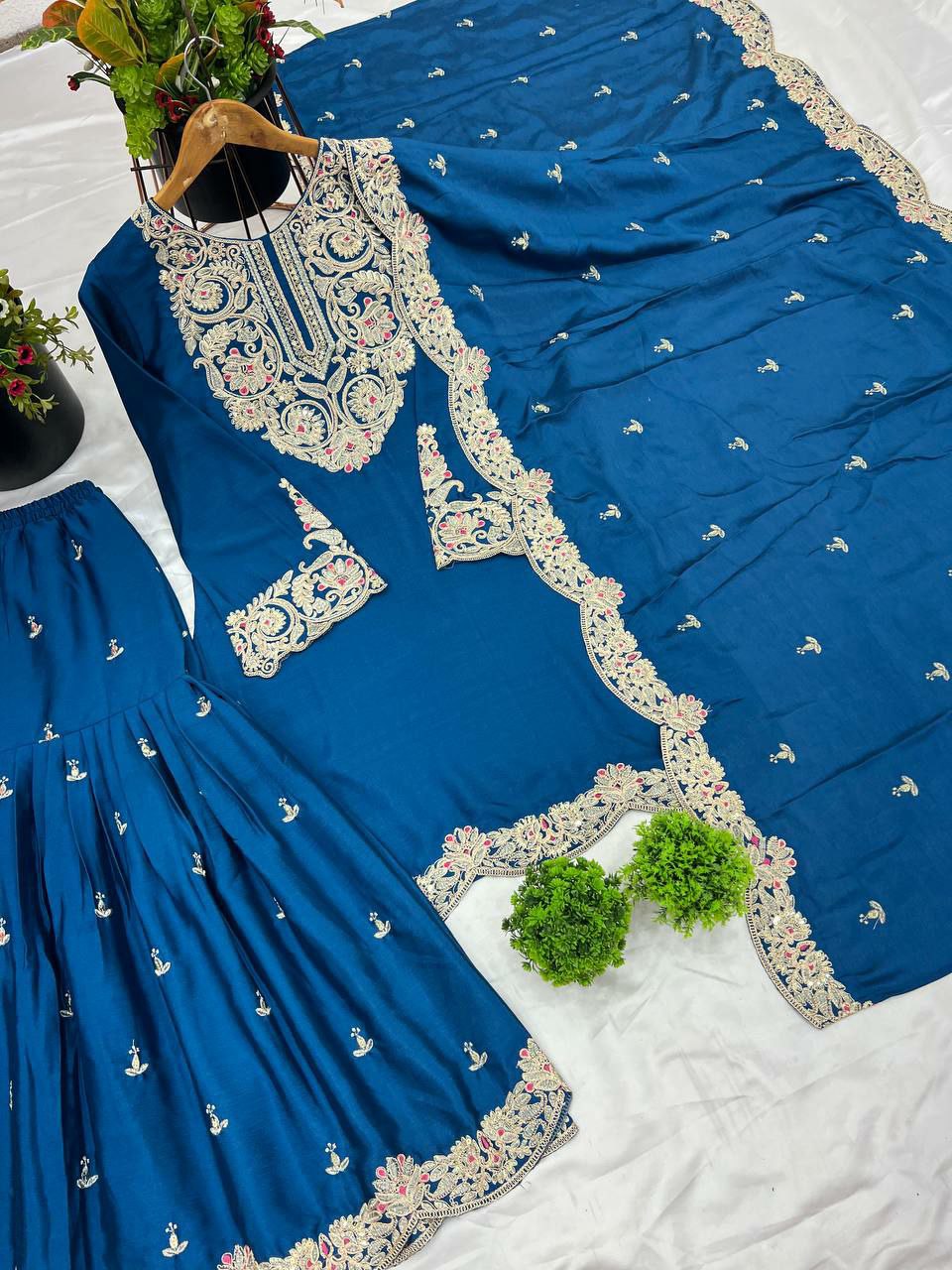 Royal Blue Chinon Silk Embroidered Palazzo Suit with Dori Work