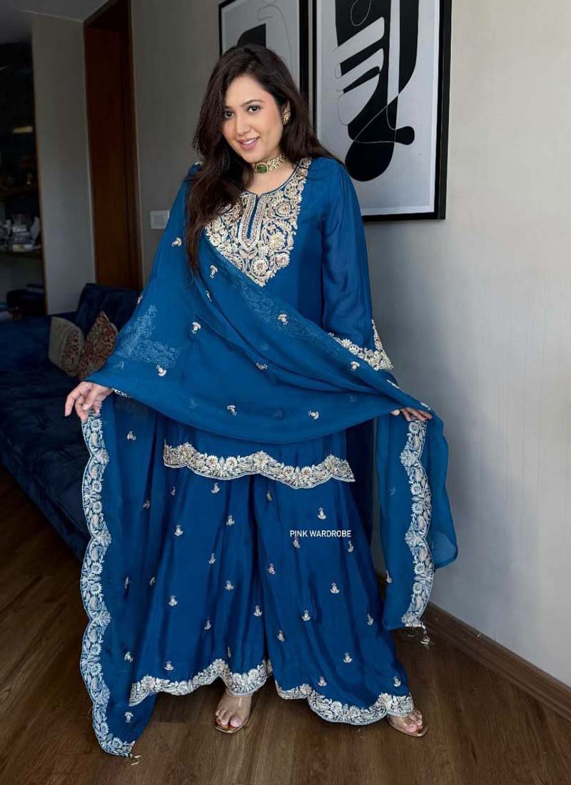 Royal blue Chinon silk palazzo suit with heavy dori and sequence embroidery work