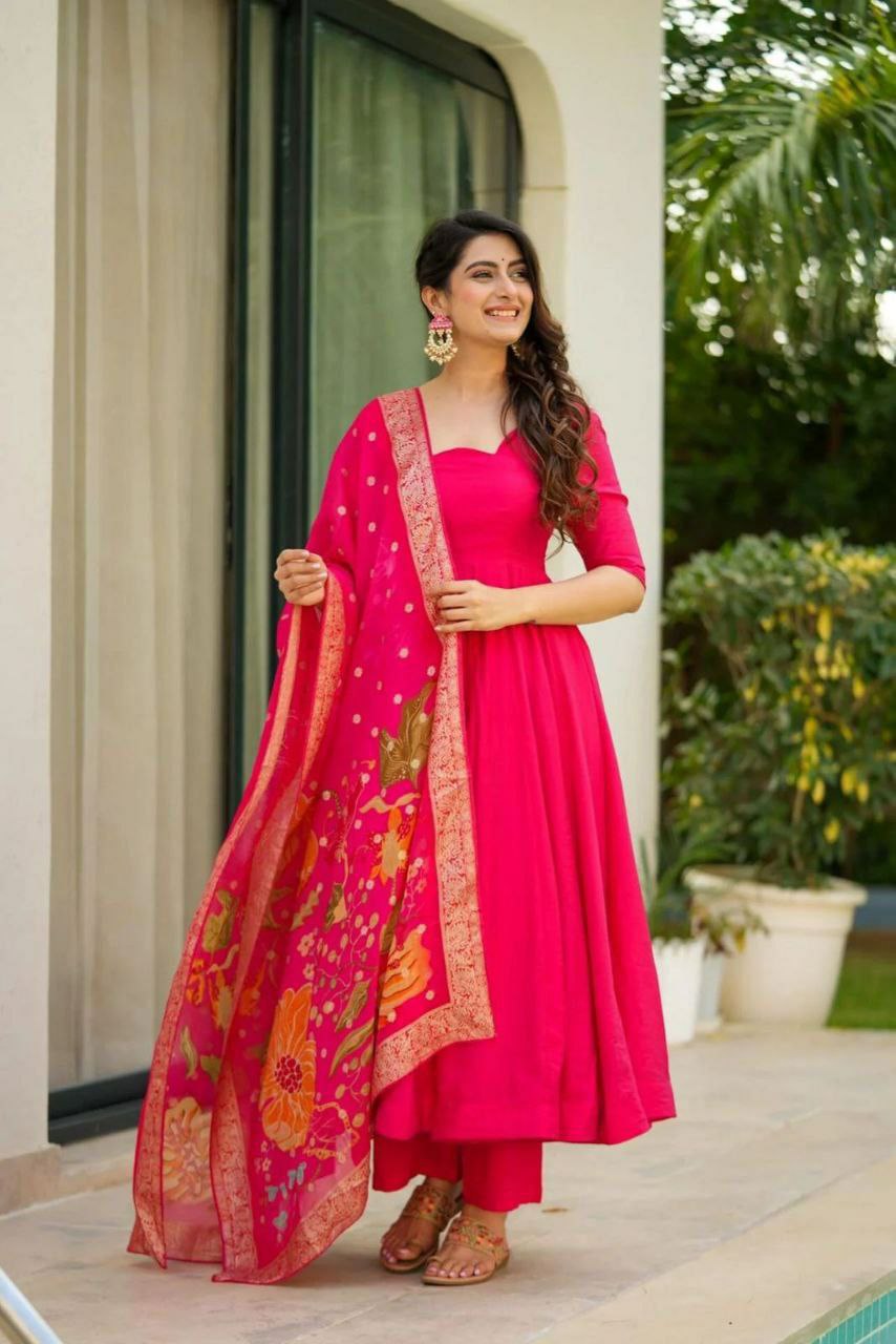 Red Chinon Silk Anarkali Suit with Flared Design