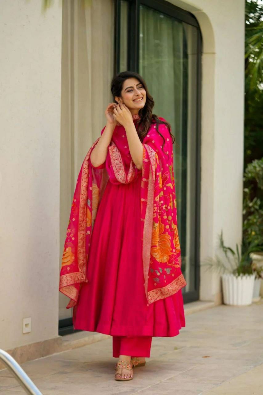 Red Chinon Silk Anarkali Suit with Flared Design