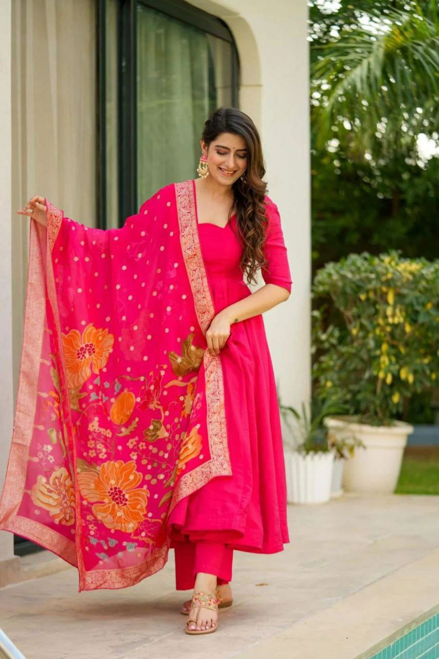 Red Chinon Silk Anarkali Suit with Flared Design