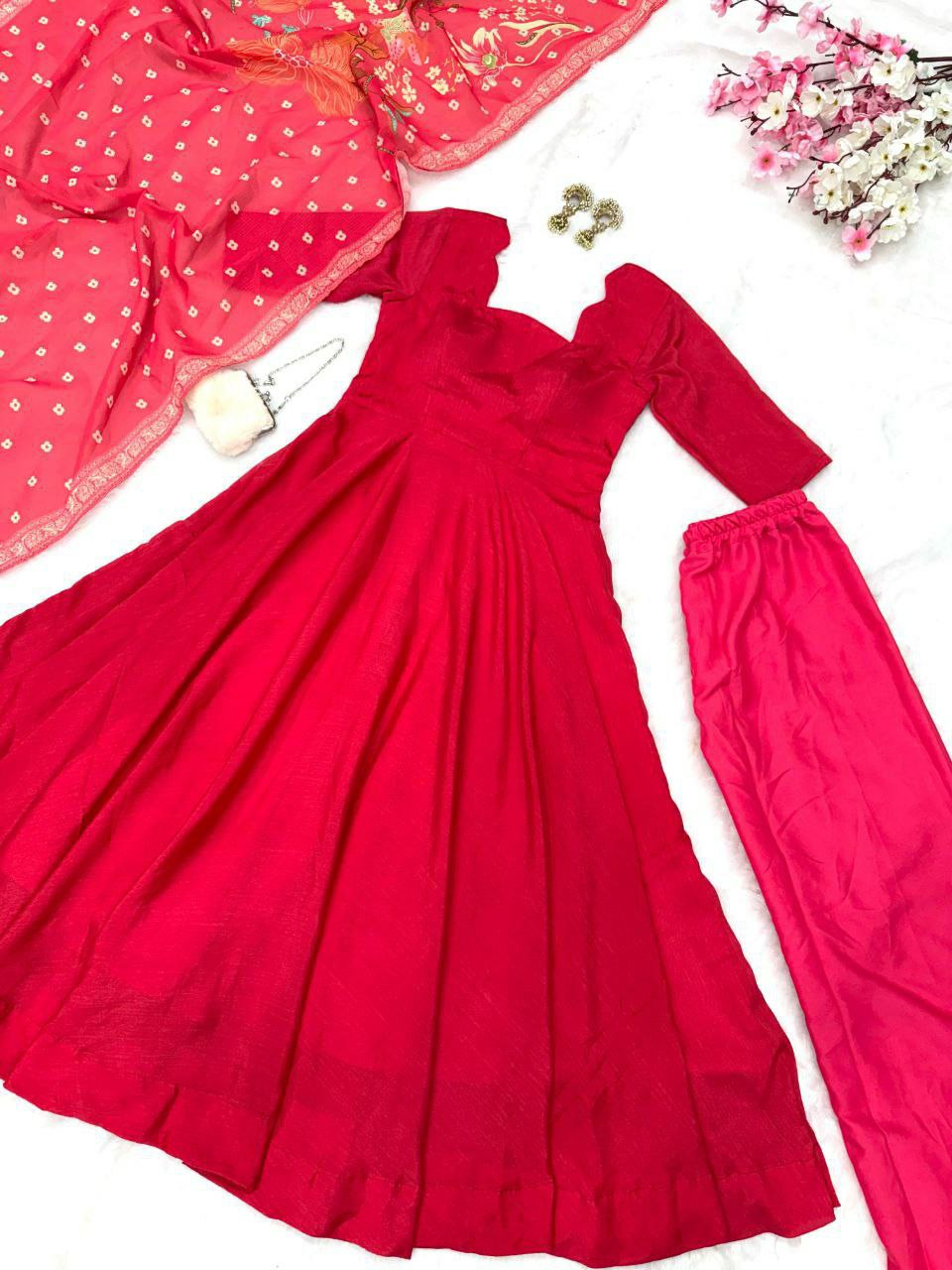 Red Chinon Silk Anarkali Suit with Flared Design