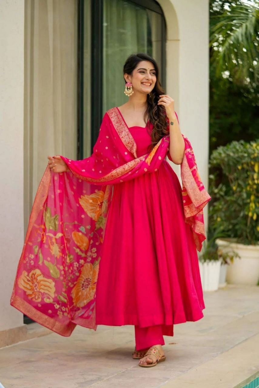 Red Chinon silk Anarkali suit with a flared design and elegant drape