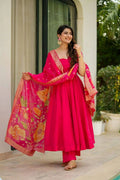Red Chinon silk Anarkali suit with a flared design and elegant drape