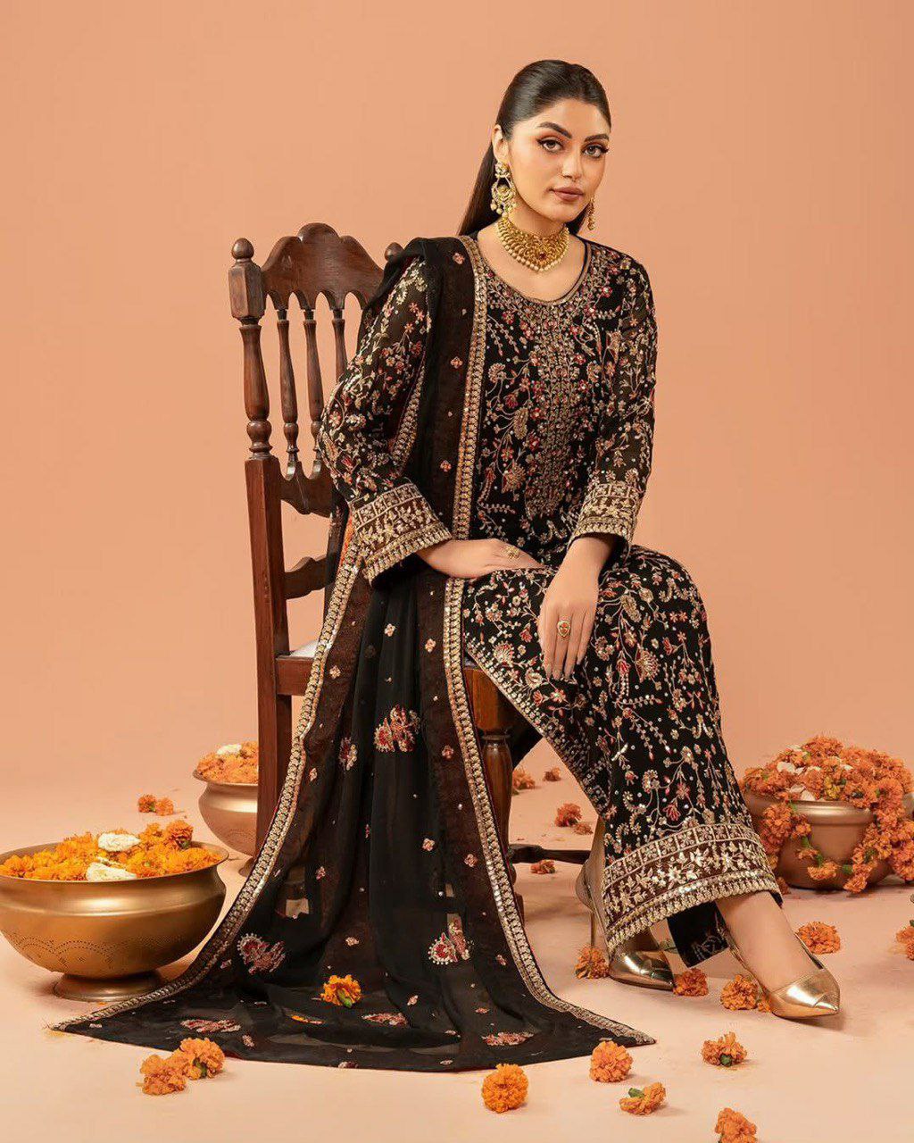 Black Faux Georgette Sequence Salwar Suit with Thread Work
