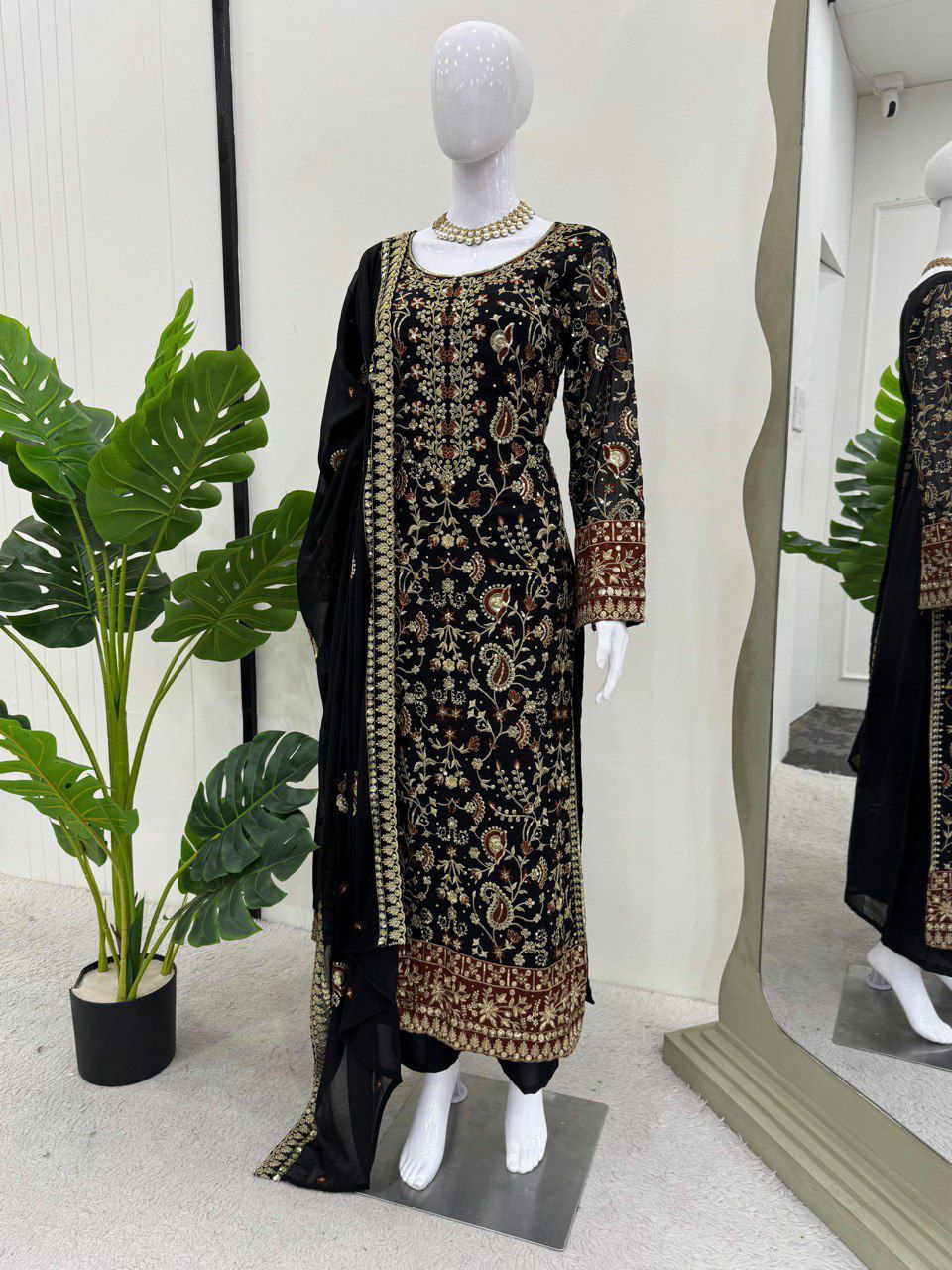 Black Faux Georgette Sequence Salwar Suit with Thread Work