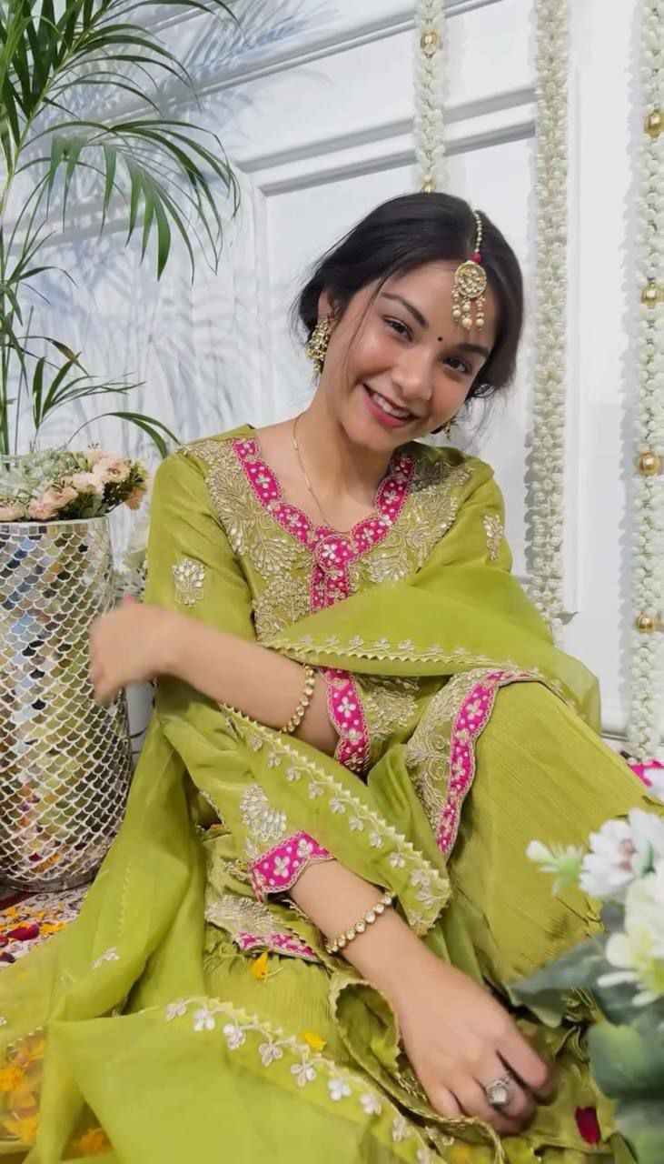 Lime Green Chinon Silk Embroidered Sharara Suit Set