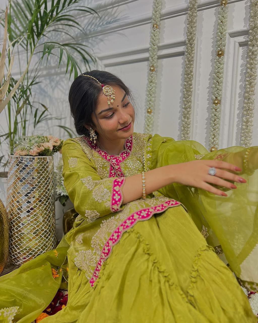 Lime Green Chinon Silk Embroidered Sharara Suit Set