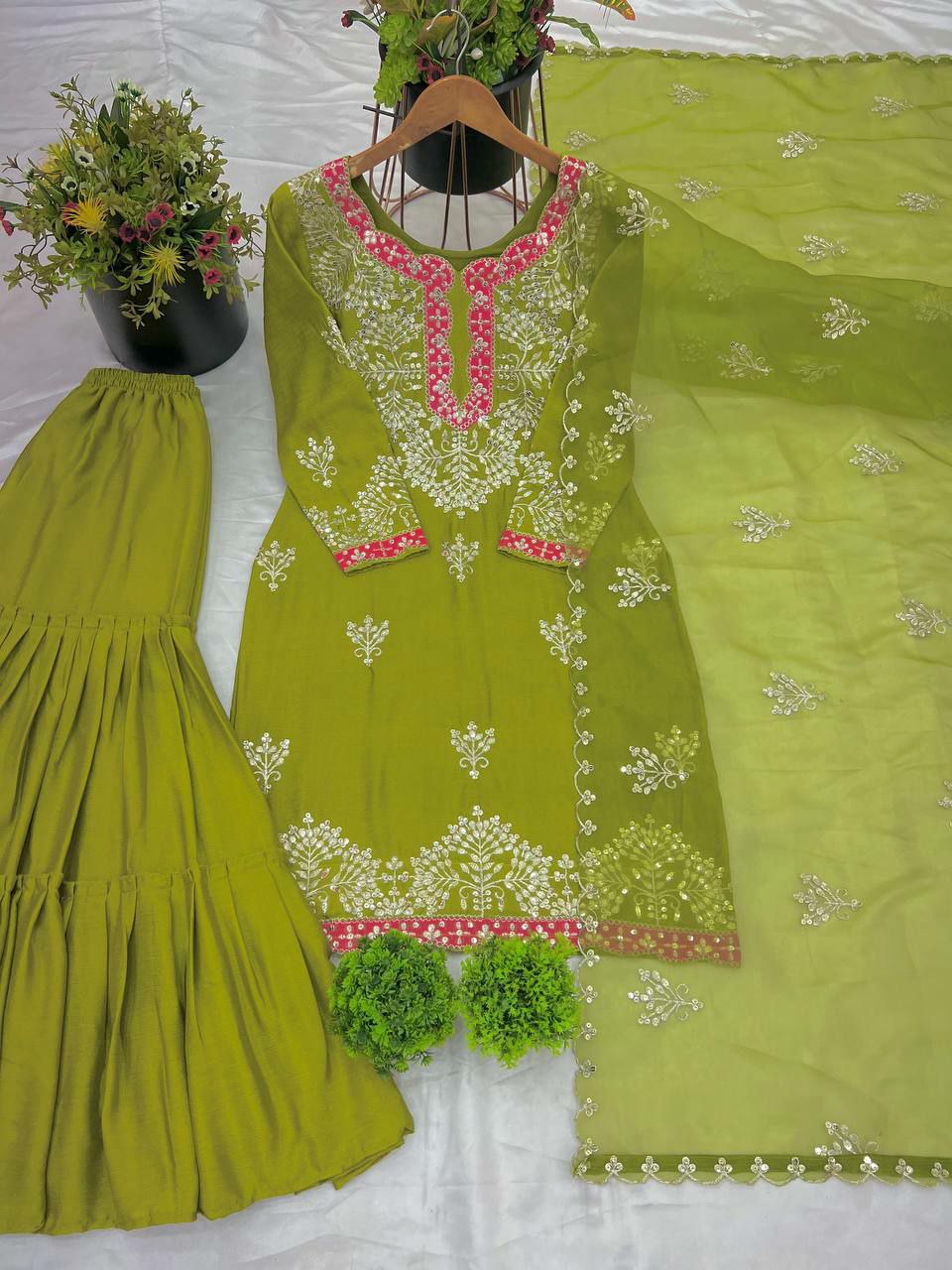 Lime Green Chinon Silk Embroidered Sharara Suit Set