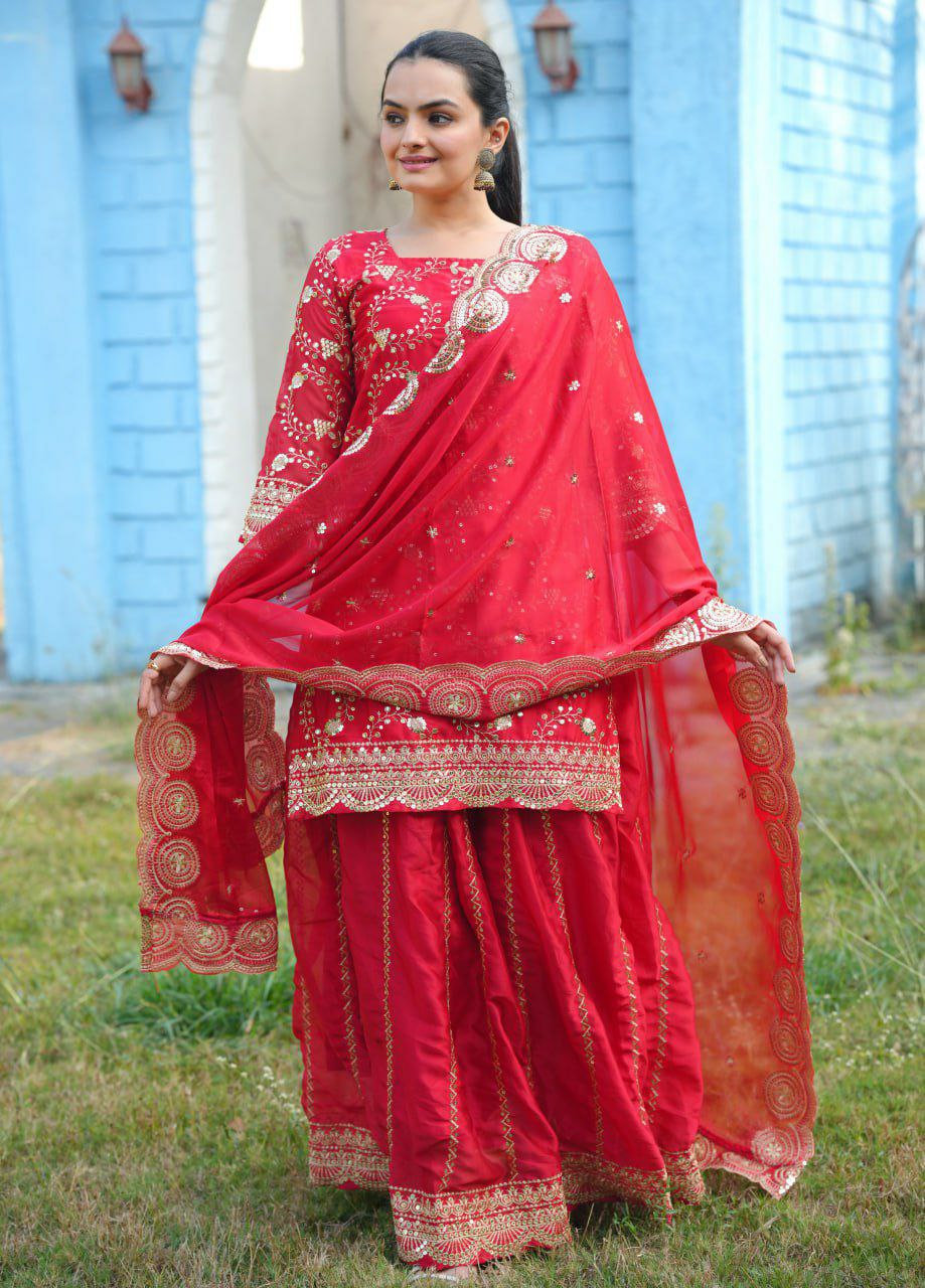 Red Rangoli Silk Embroidered Lehenga Style Suit for Women