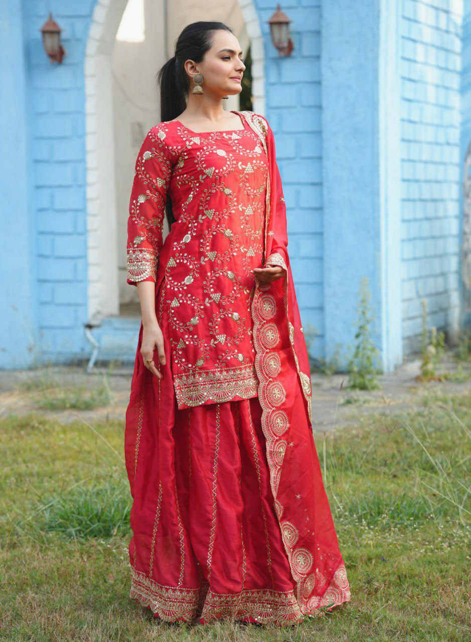 Red Rangoli Silk Embroidered Lehenga Style Suit for Women
