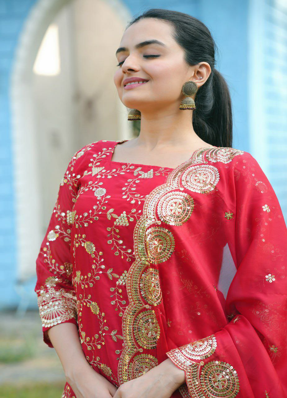 Red Rangoli Silk Embroidered Lehenga Style Suit for Women