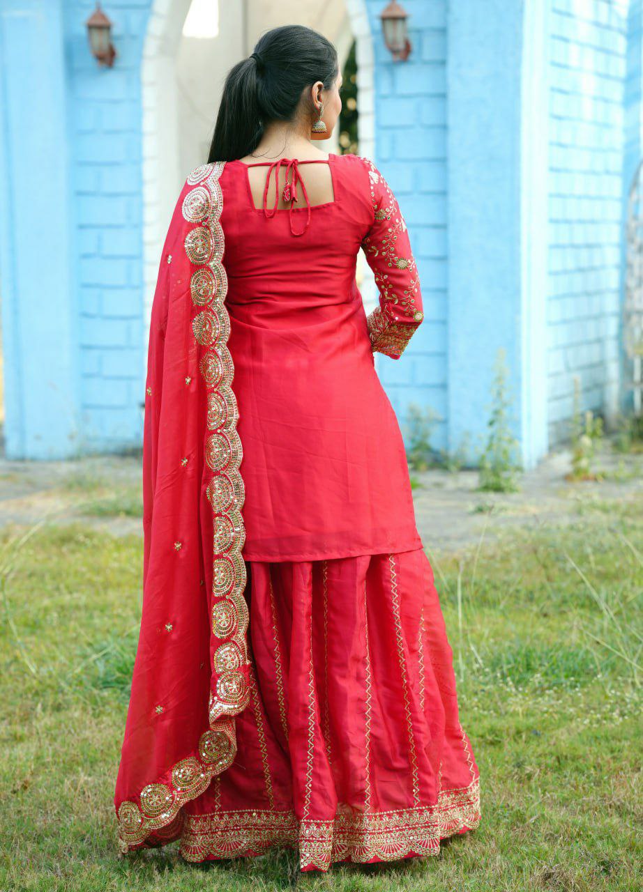 Red Rangoli Silk Embroidered Lehenga Style Suit for Women