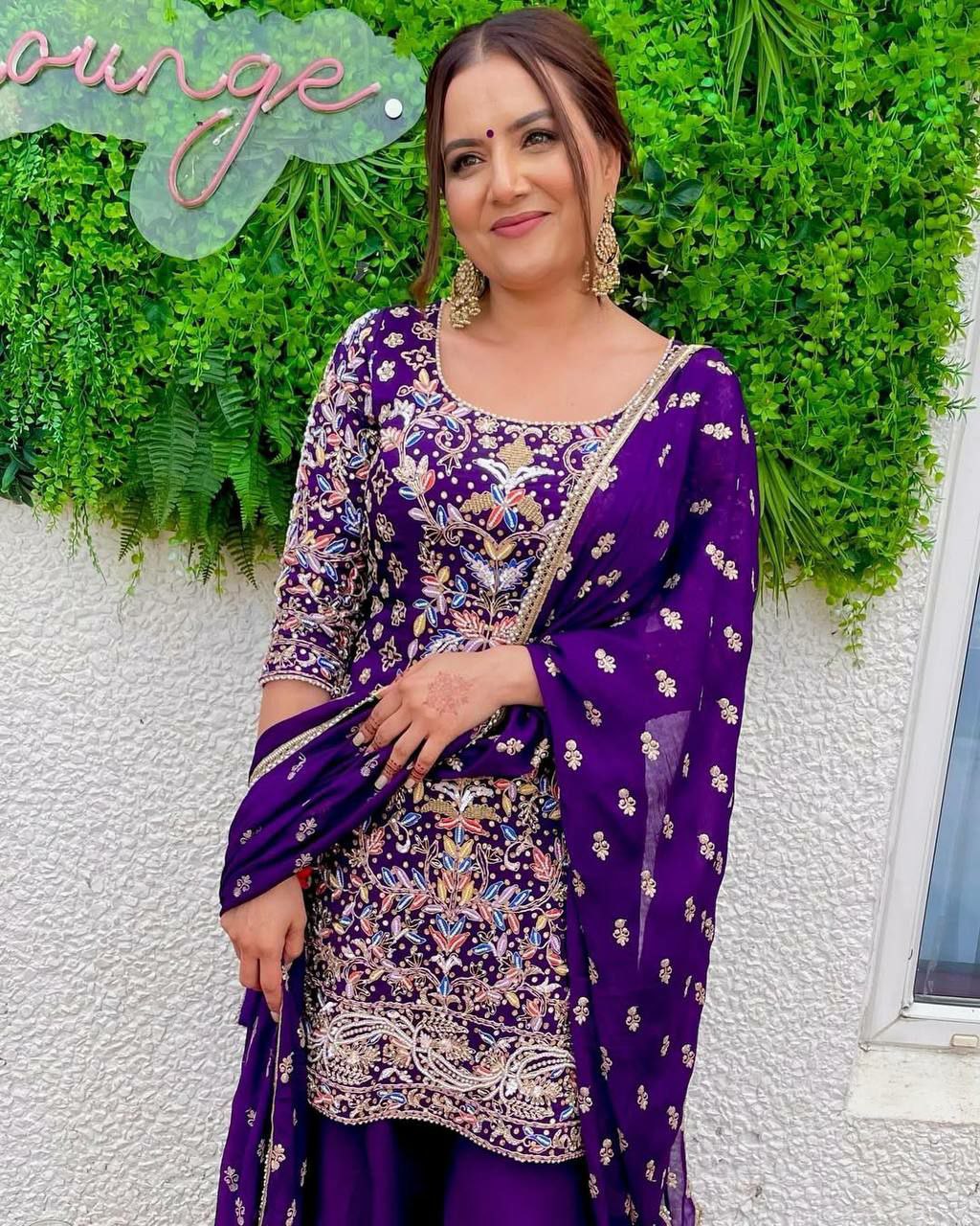 Purple Georgette Embroidered Palazzo Suit with Sequence Work