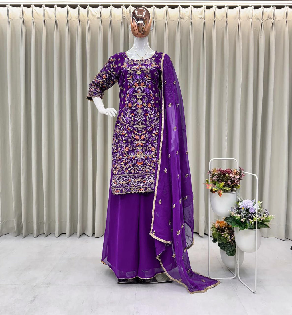 Purple Georgette Embroidered Palazzo Suit with Sequence Work