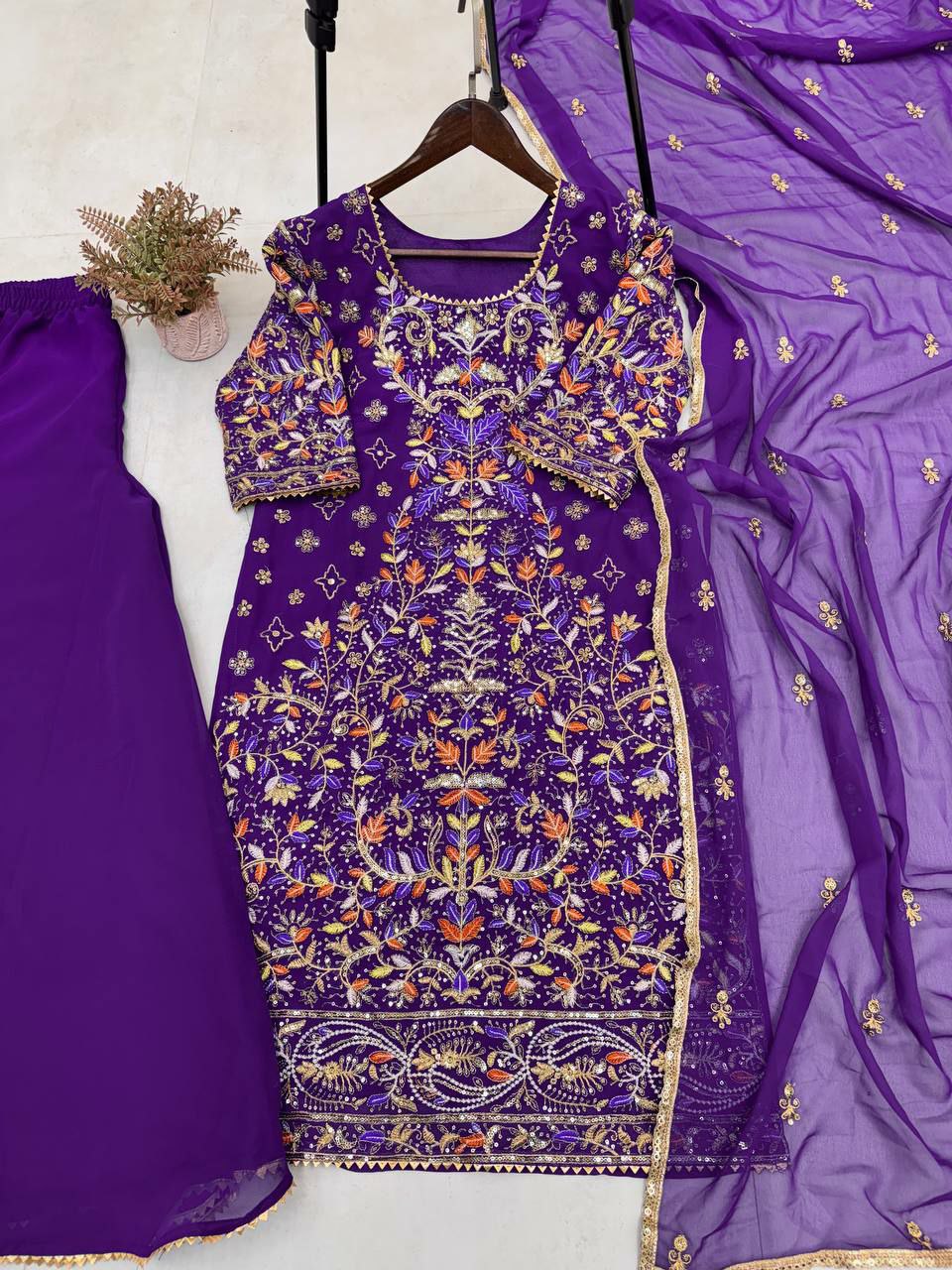 Purple Georgette Embroidered Palazzo Suit with Sequence Work