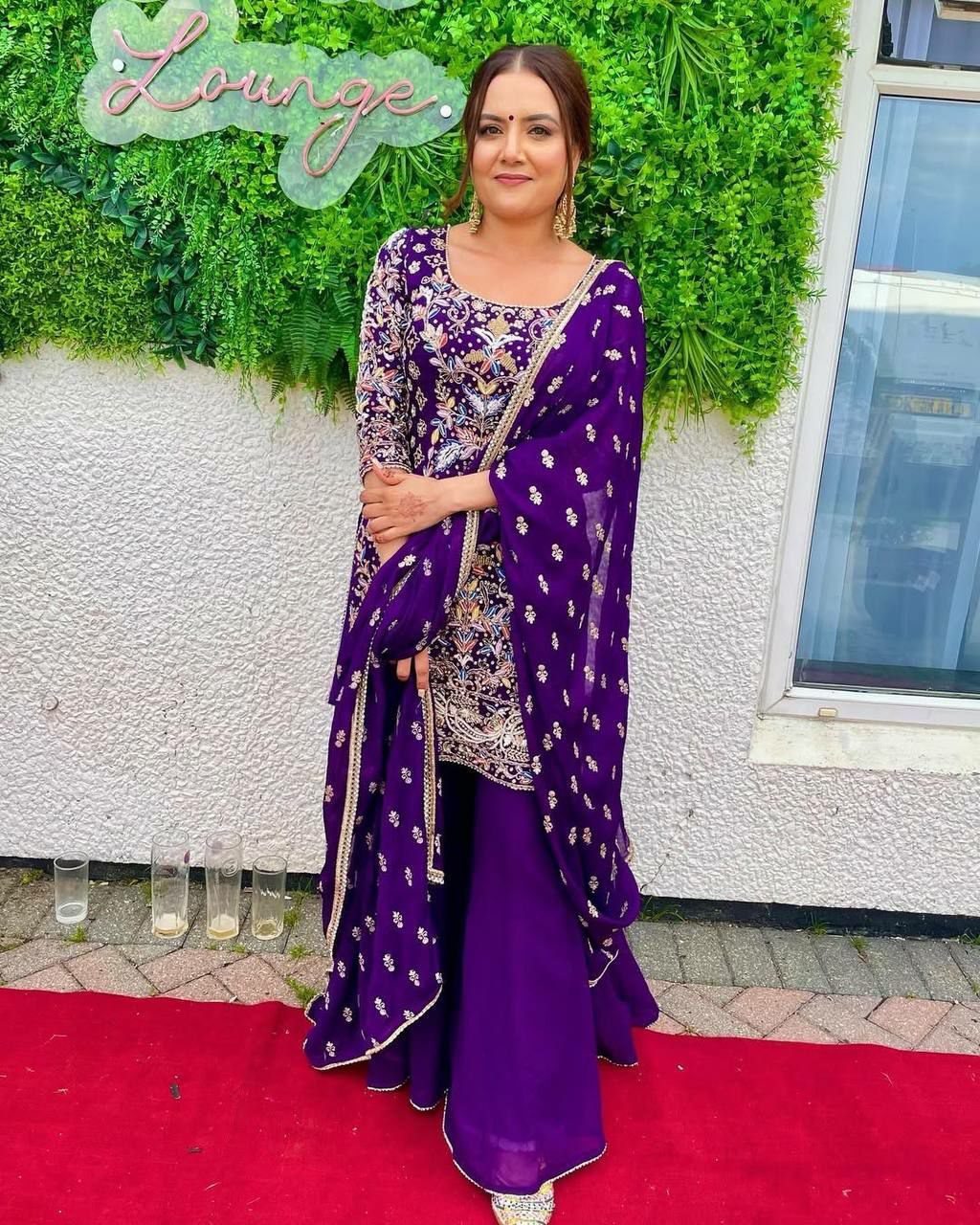 Purple faux georgette palazzo suit with sequence embroidery