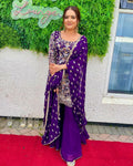 Purple faux georgette palazzo suit with sequence embroidery