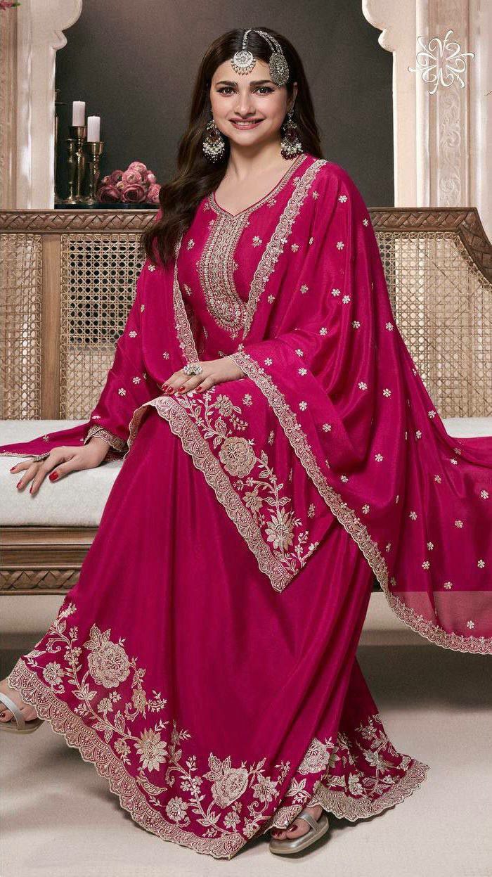 Pink Chinon Silk Embroidered Palazzo Suit Set