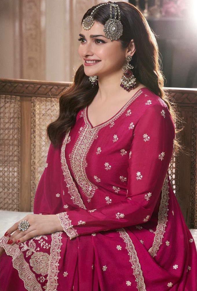 Pink Chinon Silk Embroidered Palazzo Suit Set