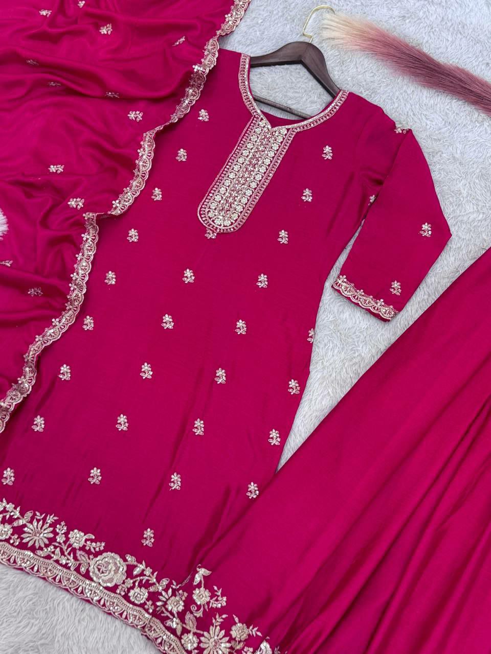 Pink Chinon Silk Embroidered Palazzo Suit Set
