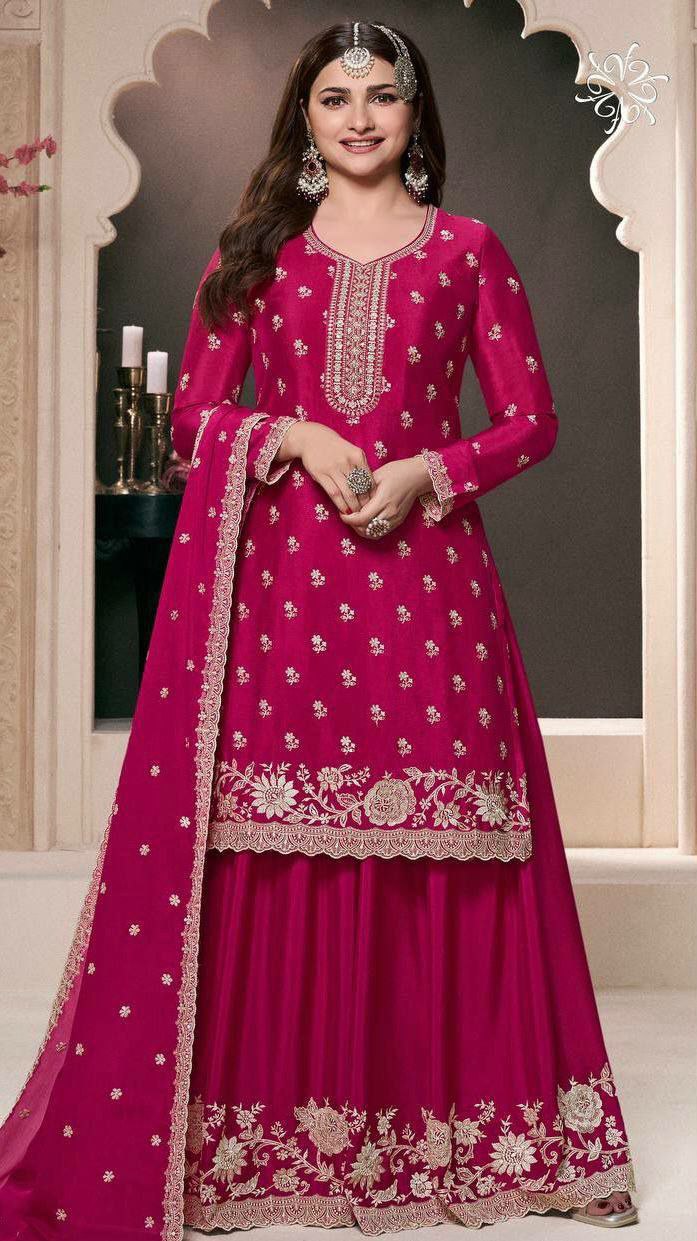 Pink Chinon silk palazzo suit with detailed embroidery