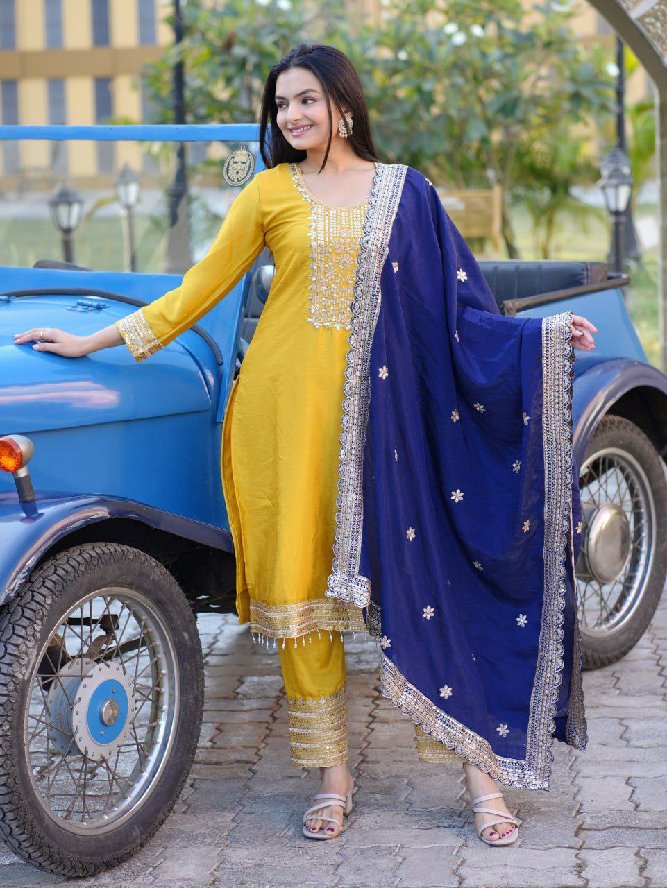 Yellow Chinon Silk Embroidered Salwar Suit with Sequence
