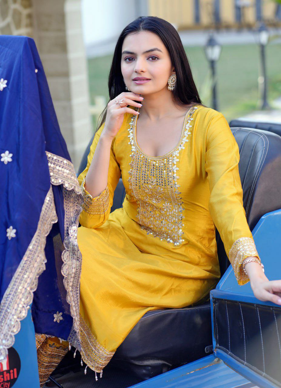 Yellow Chinon Silk Embroidered Salwar Suit with Sequence