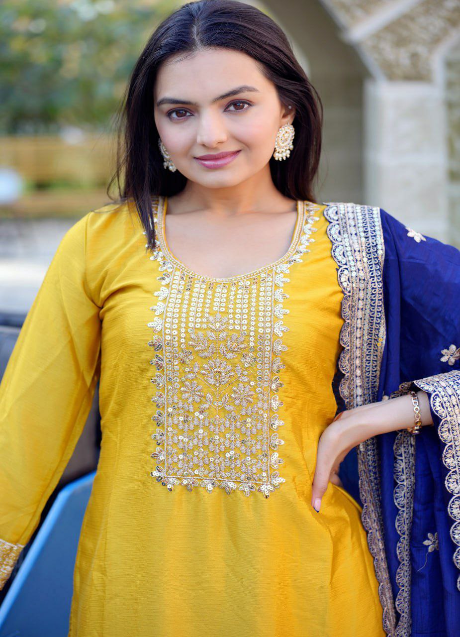 Yellow Chinon Silk Embroidered Salwar Suit with Sequence