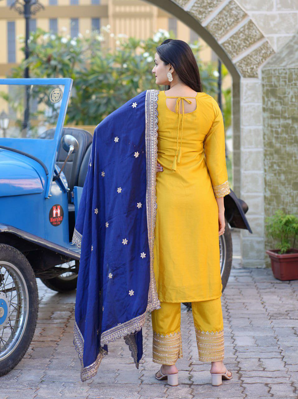 Yellow Chinon Silk Embroidered Salwar Suit with Sequence
