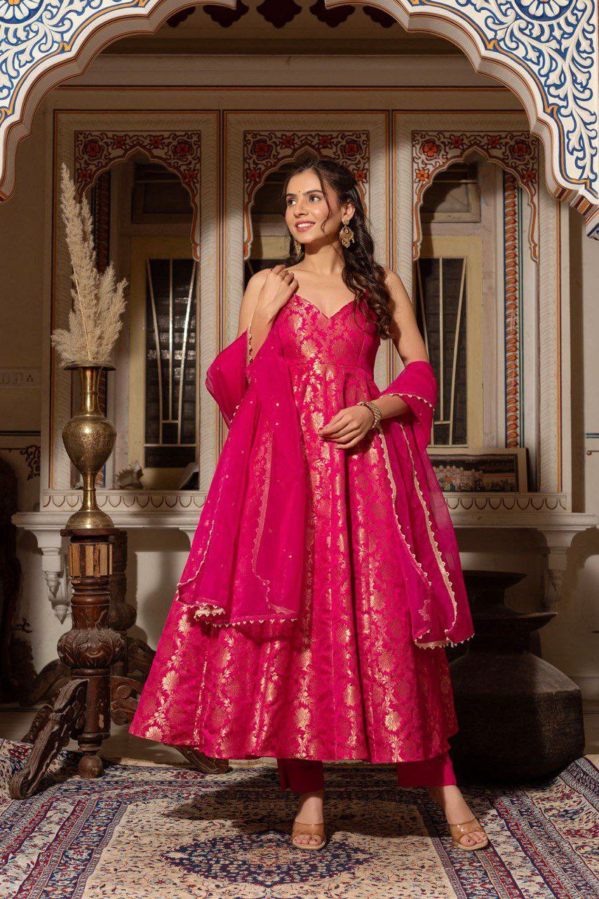 Pink Jacquard Silk Weaving Gown with Matching Dupatta