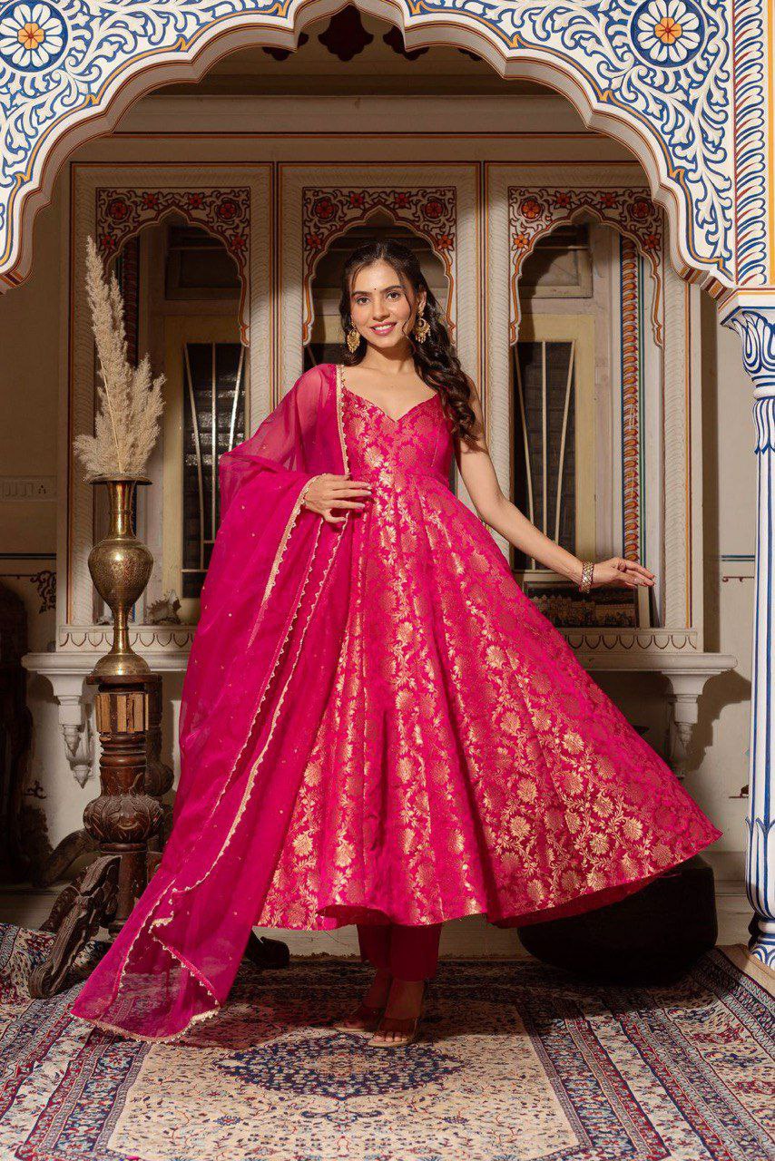Pink Jacquard Silk Weaving Gown with Matching Dupatta