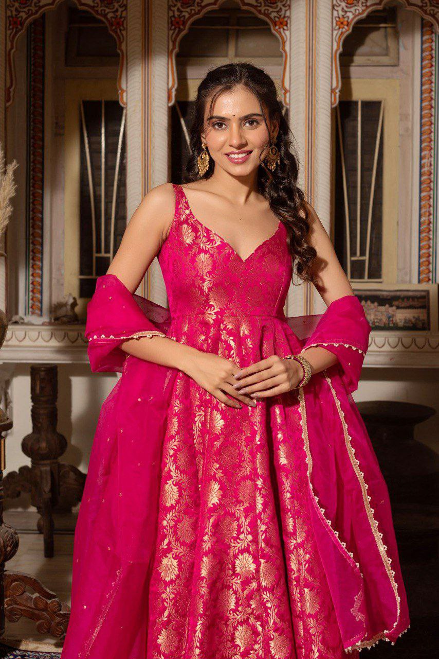 Pink Jacquard Silk Weaving Gown with Matching Dupatta