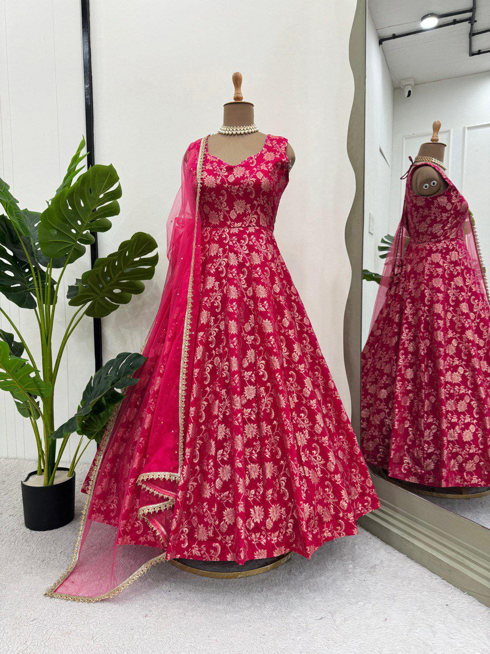 Pink Jacquard Silk Weaving Gown with Matching Dupatta