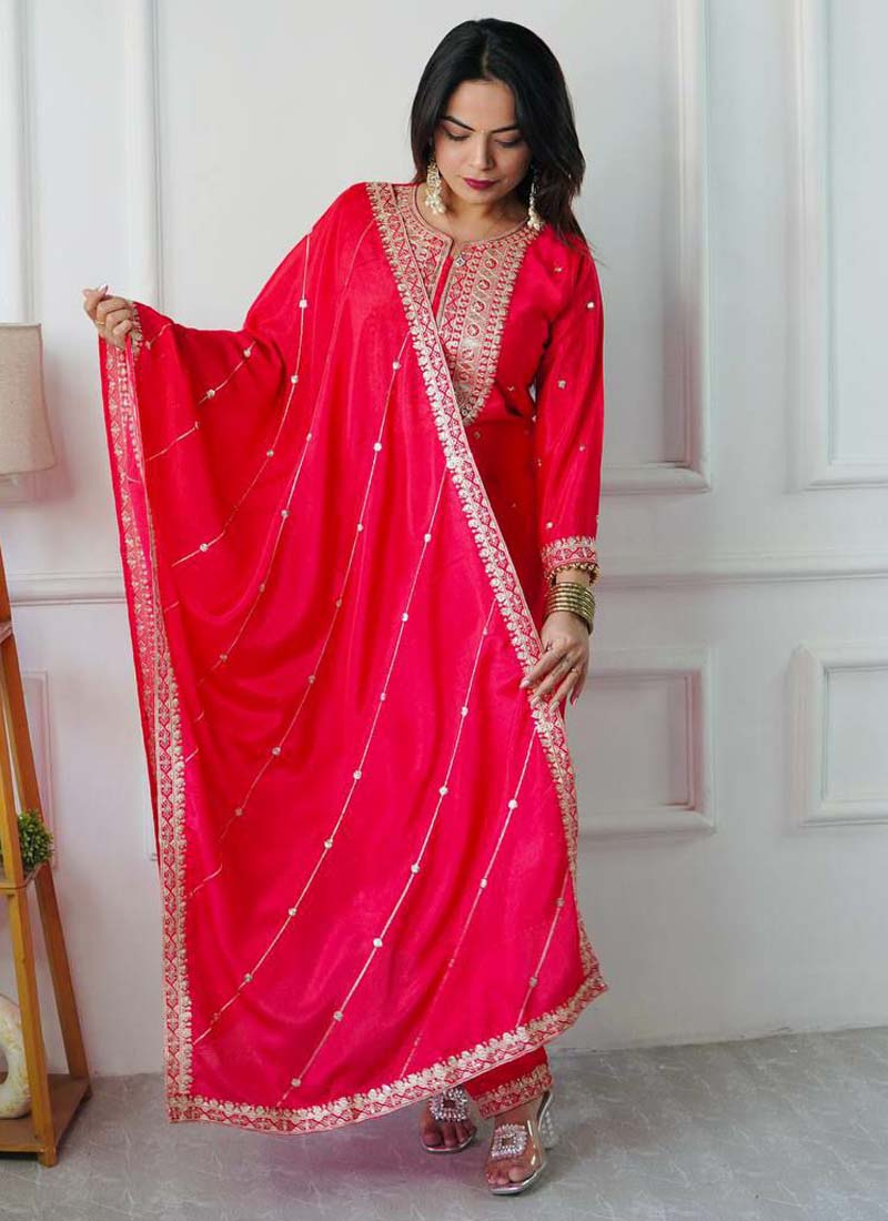 Red Silk Embroidered Salwar Suit
