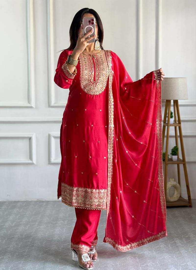 Red Silk Embroidered Salwar Suit