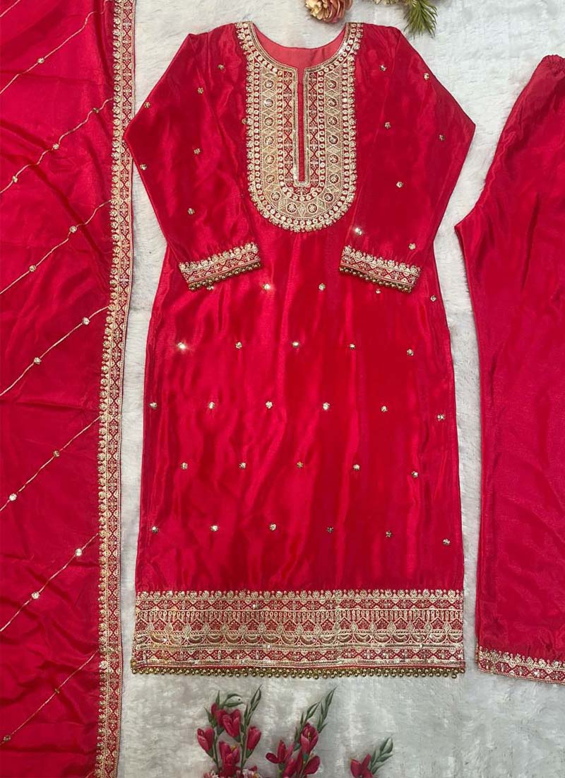 Red Silk Embroidered Salwar Suit