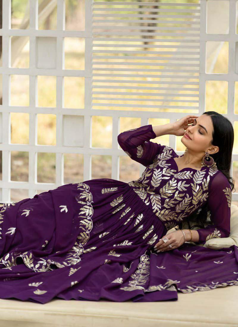 Violet Georgette Gown with Sequence Embroidery and Dupatta