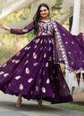 Violet Fox Georgette gown with heavy gold sequence thread work and matching dupatta