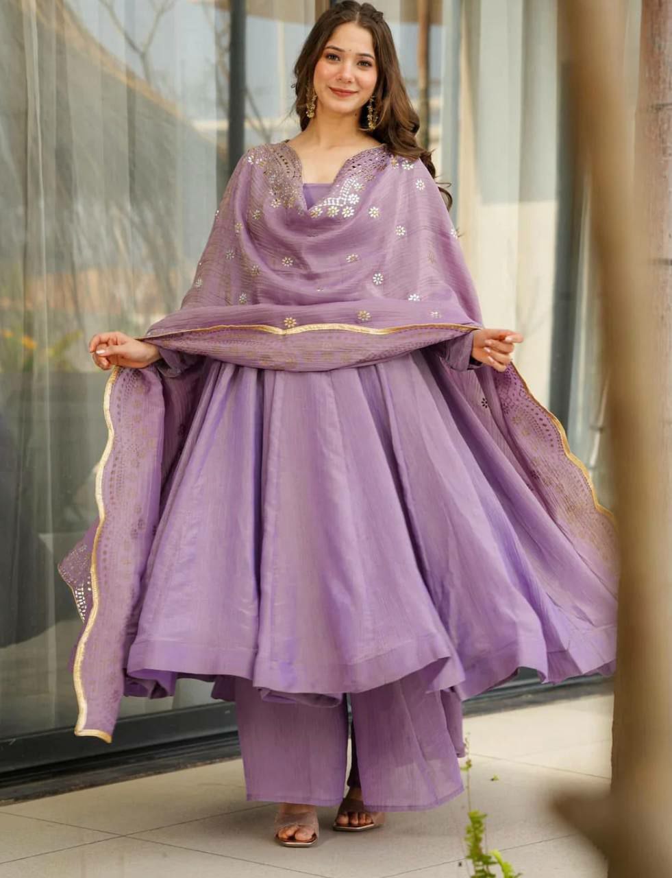 Lavender Silk Designer Anarkali Palazzo Suit
