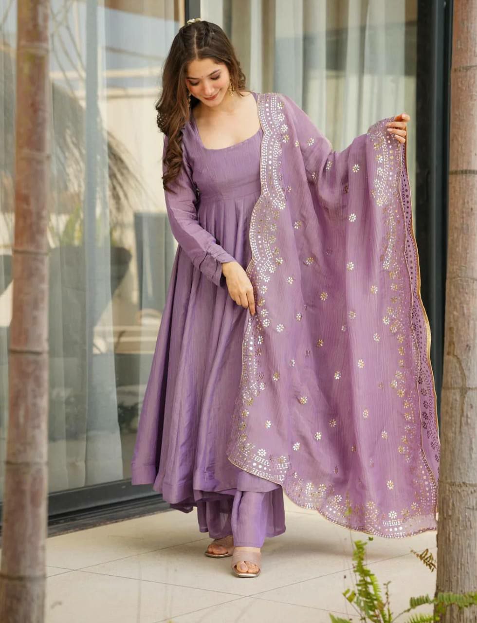 Lavender Silk Designer Anarkali Palazzo Suit