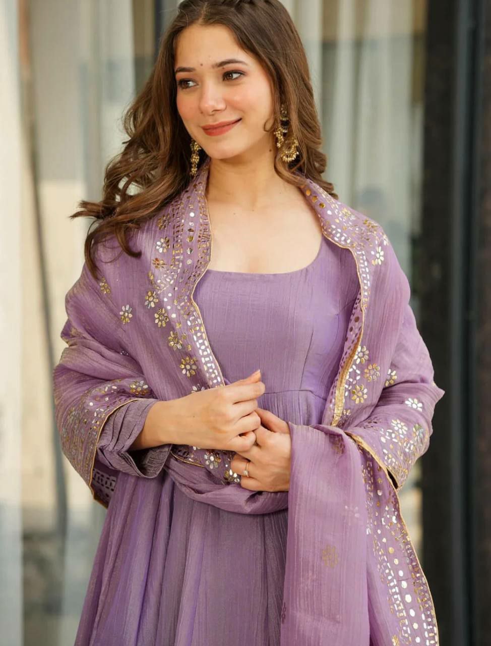 Lavender Silk Designer Anarkali Palazzo Suit