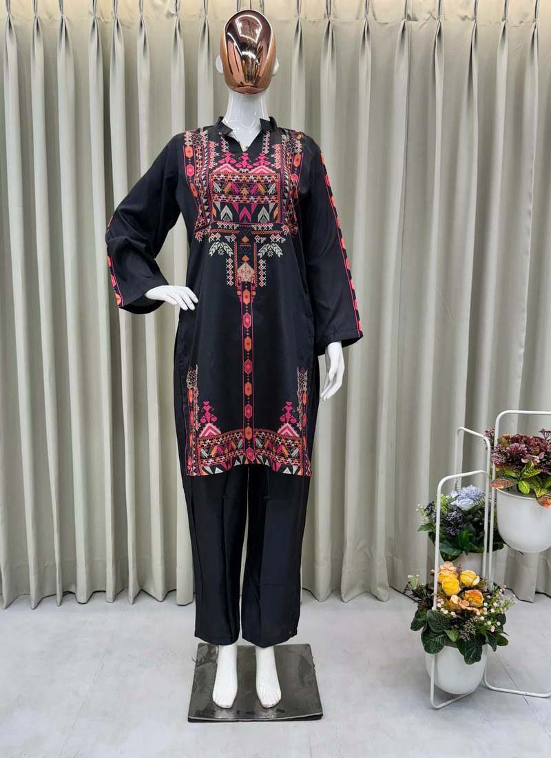Black Crepe Silk Printed Top and Pant Co-ord Set