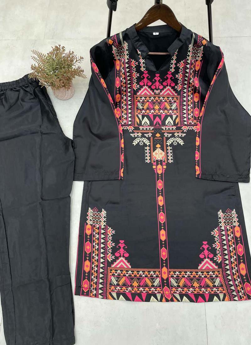 Black Crepe Silk Printed Top and Pant Co-ord Set