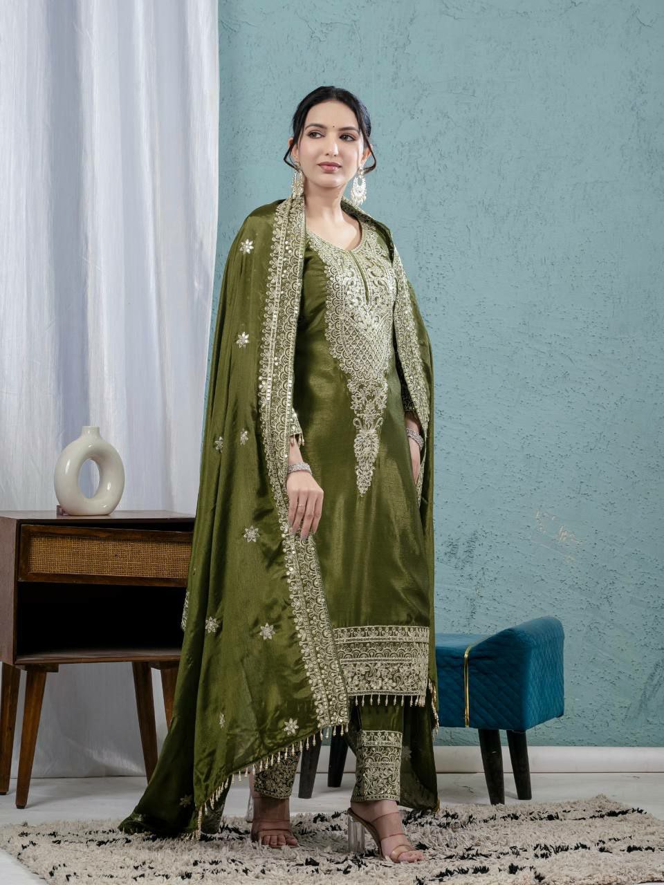 Mahendi Chinon Silk Salwar Suit with Heavy Sequence Embroidery