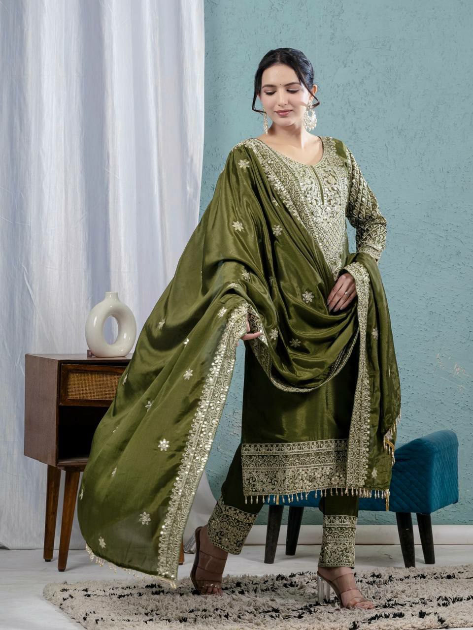 Mahendi Chinon Silk Salwar Suit with Heavy Sequence Embroidery