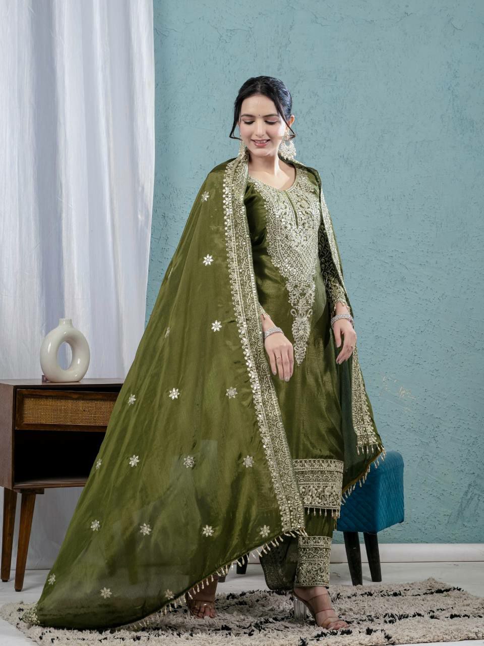 Mahendi Chinon Silk Salwar Suit with Heavy Sequence Embroidery