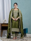 Mahendi Chinon Silk salwar suit with heavy sequence embroidery and detailed sleeves.